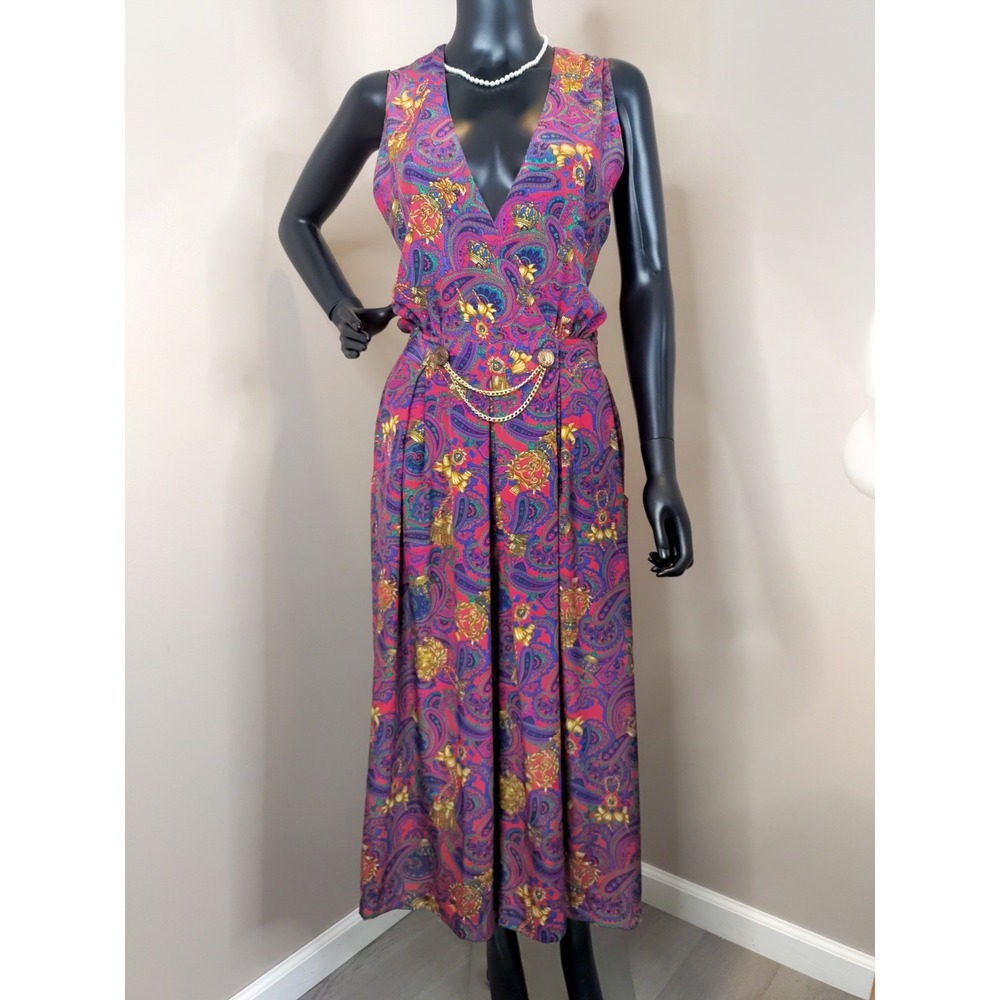 Ms Chaus Multicolor Paisley Crown Gold Tone Chain Waist Capri Jumpsuit Size 10